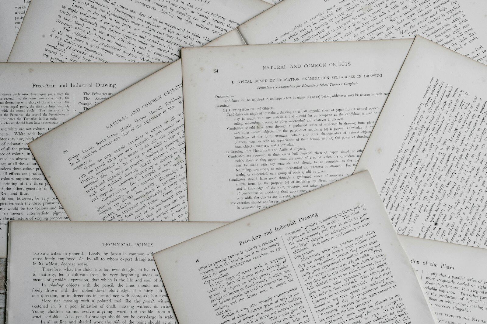 Loose printed manuscript pages spread across a table